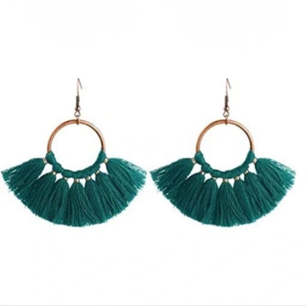 Green Tassel Hoop Earrings